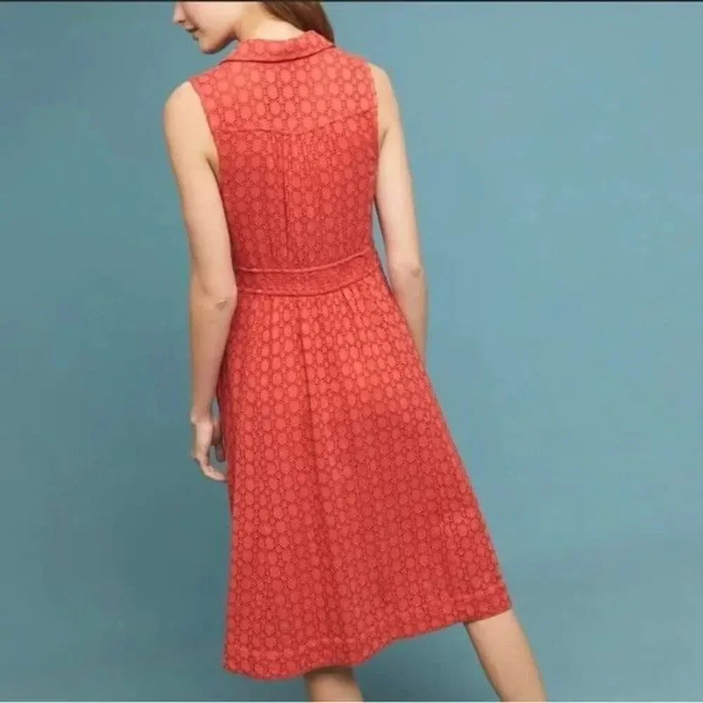 Anthropologie Elm Collared Eyelet Dress Sleeveless Coral Orange - Picture 4 of 16